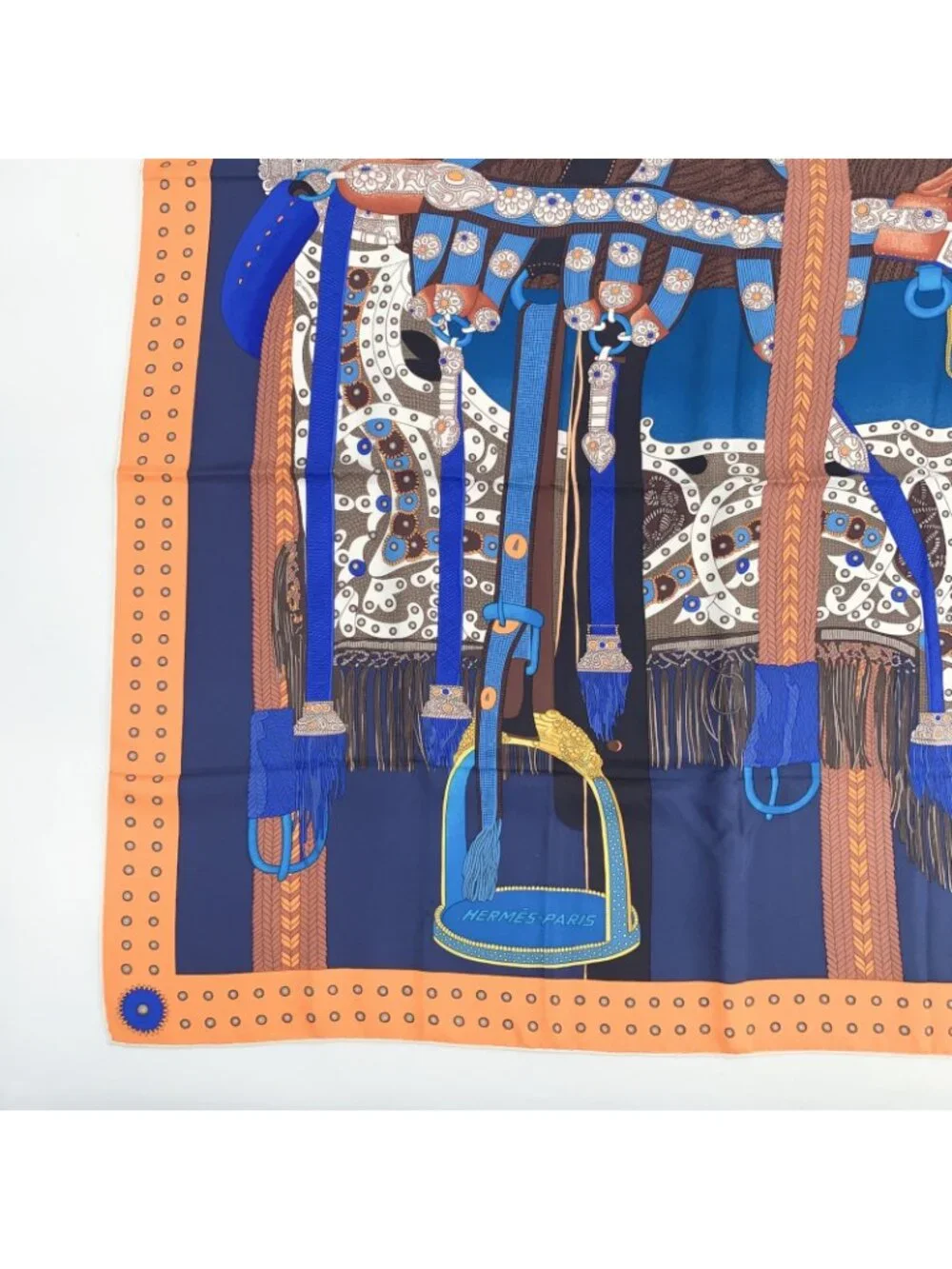 Hermes Carre 90 Selle de Dignitaire Dignitary's Saddle Orange Blue Scarf Silk - Picture 4 of 7